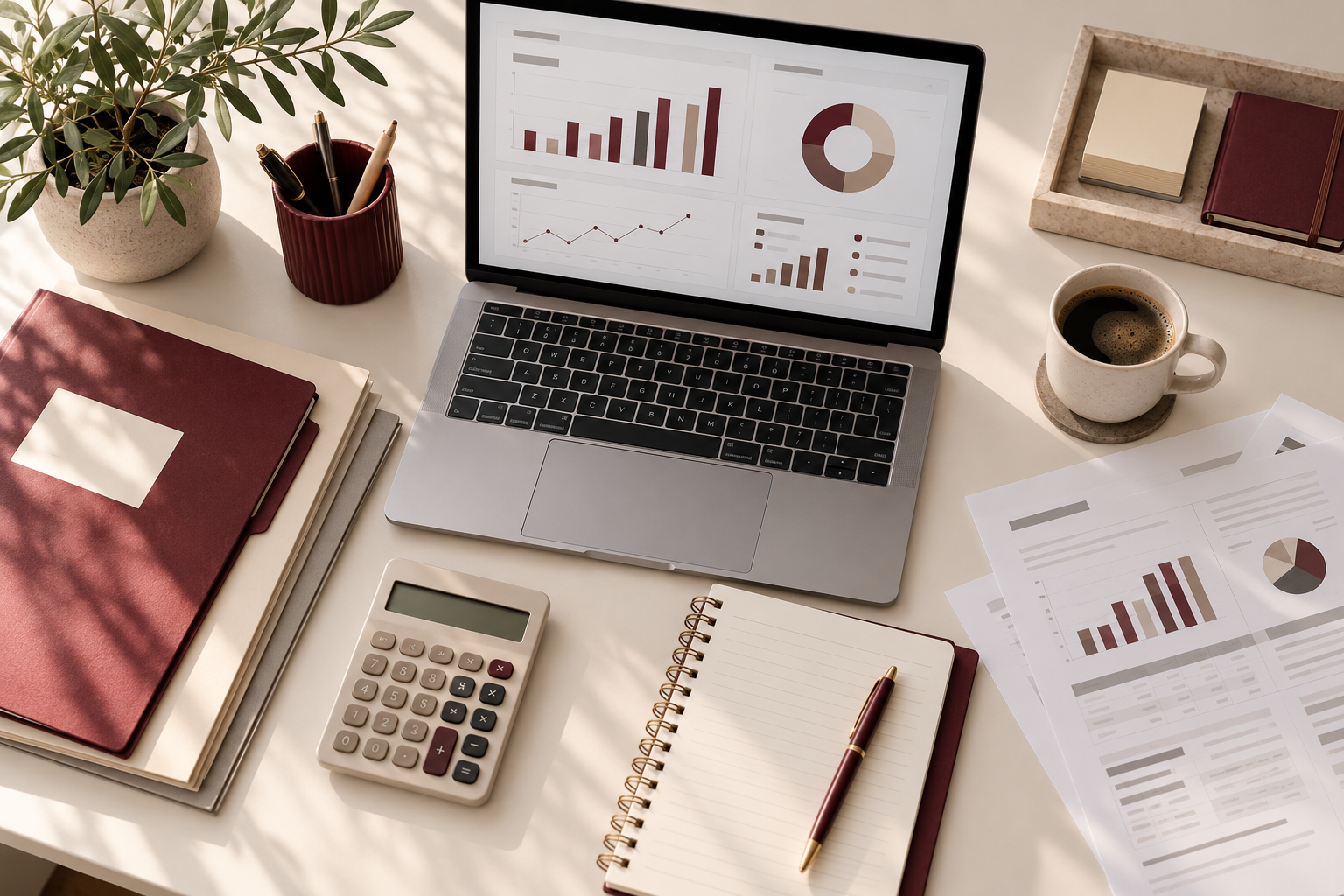 Mesa de trabajo organizada con documentación y herramientas para el control económico de una empresa